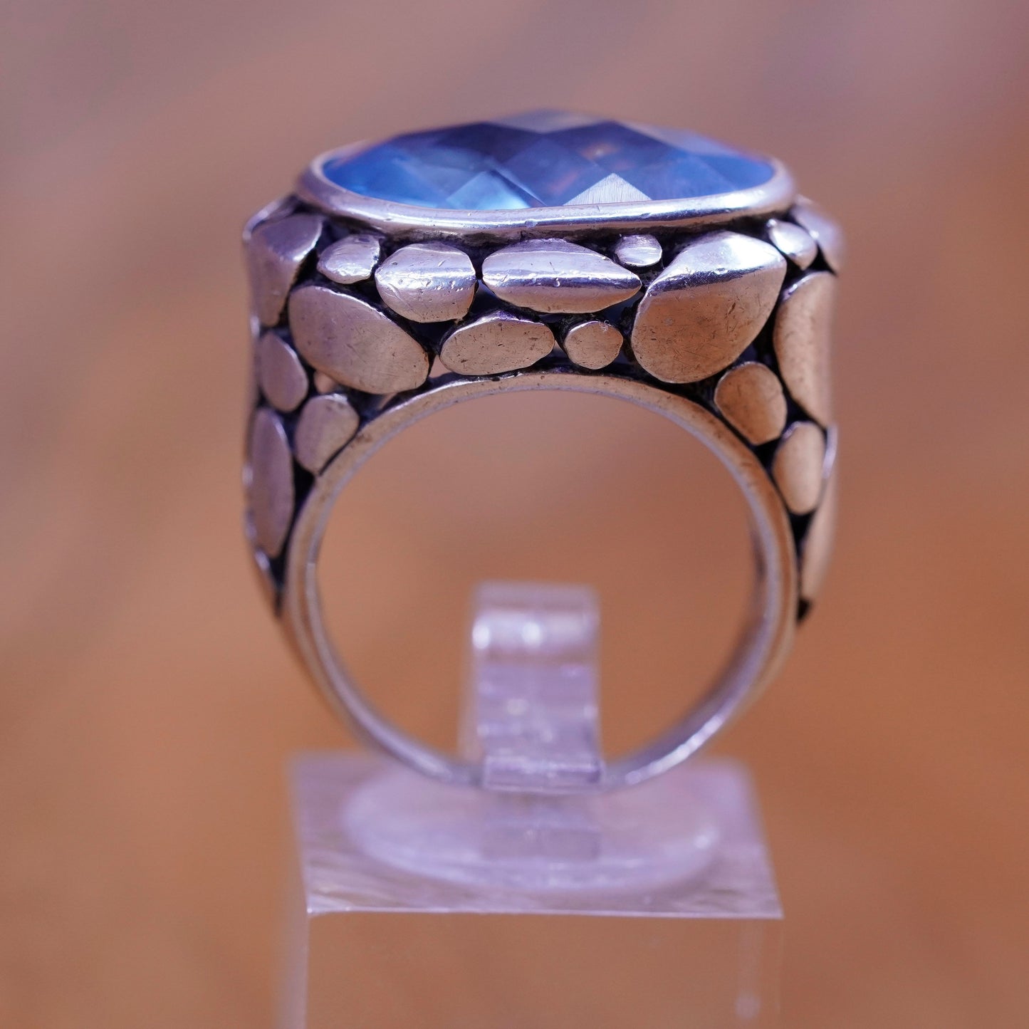 Size 7.5, vintage Sterling 925 silver handmade ring with oval topaz and pebble