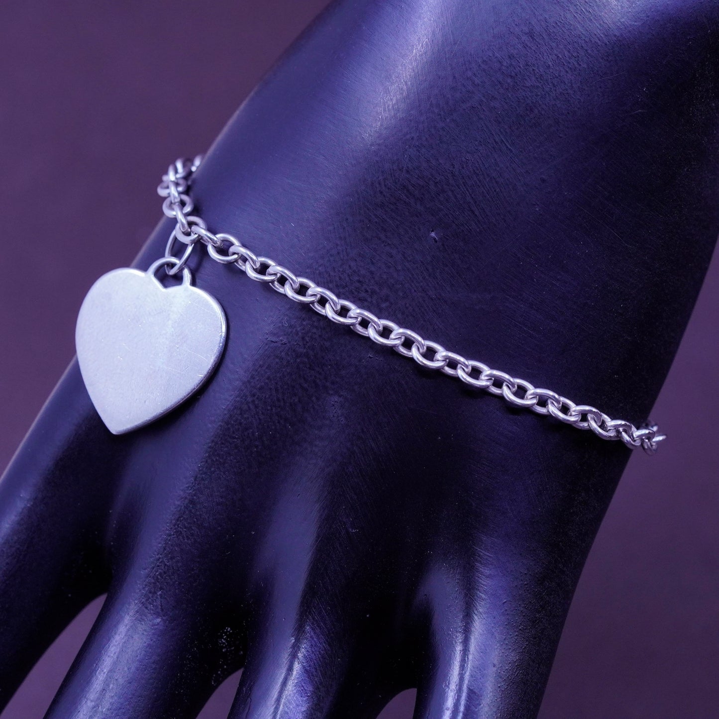 7.25”, vtg Sterling silver handmade bracelet, 925 circle chain heart tag charm