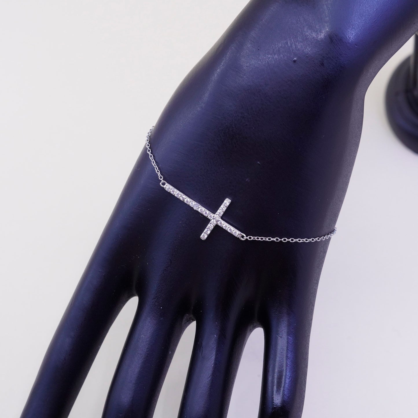 7”, vtg sterling silver handmade bracelet, Italy 925 chain with cross and Cz