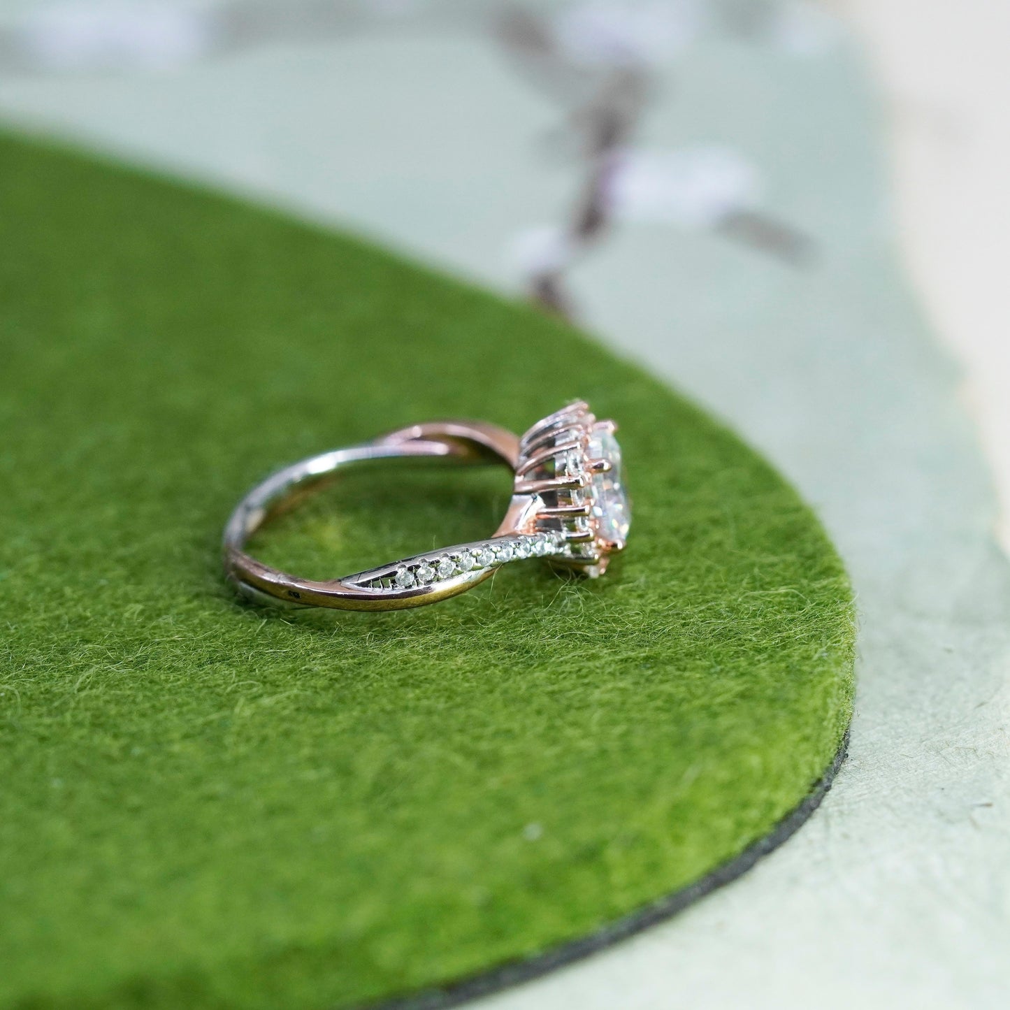 Size 6, two tone Sterling 925 silver engagement ring with emerald CZ cluster cz