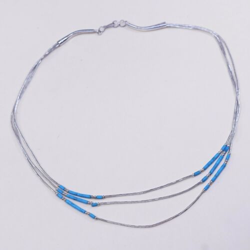 16”, Vtg Sterling silver handmade necklace, 925 Liquid Silver W/ Turquoise Beads