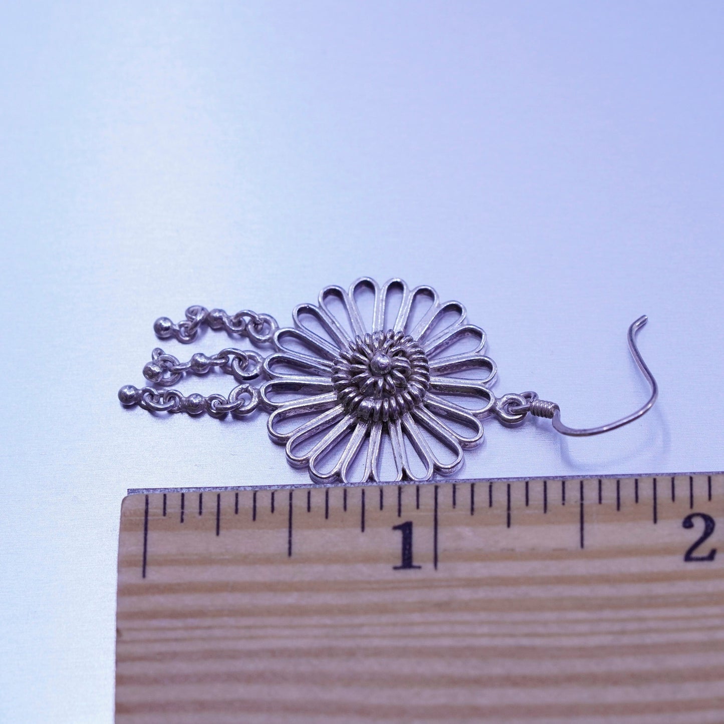 Vintage Sterling 925 silver handmade filigree flower earrings, stamped 925