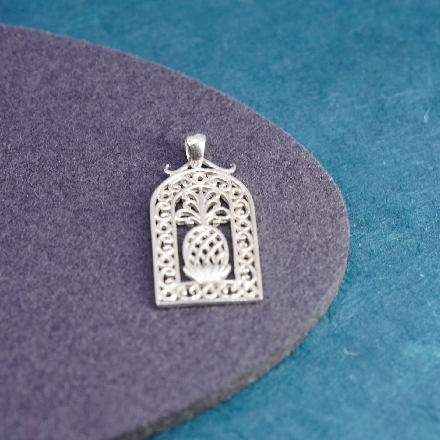 Vintage sterling 925 silver handmade pendant, filigree pine apple charm