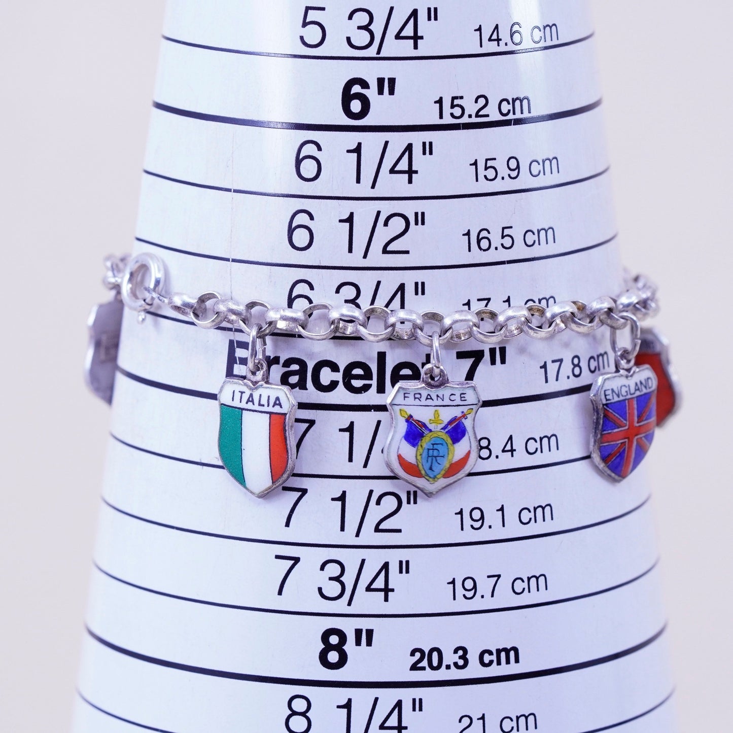 6.75”, sterling 925 silver circle chain bracelet world traveler 835 danish flag