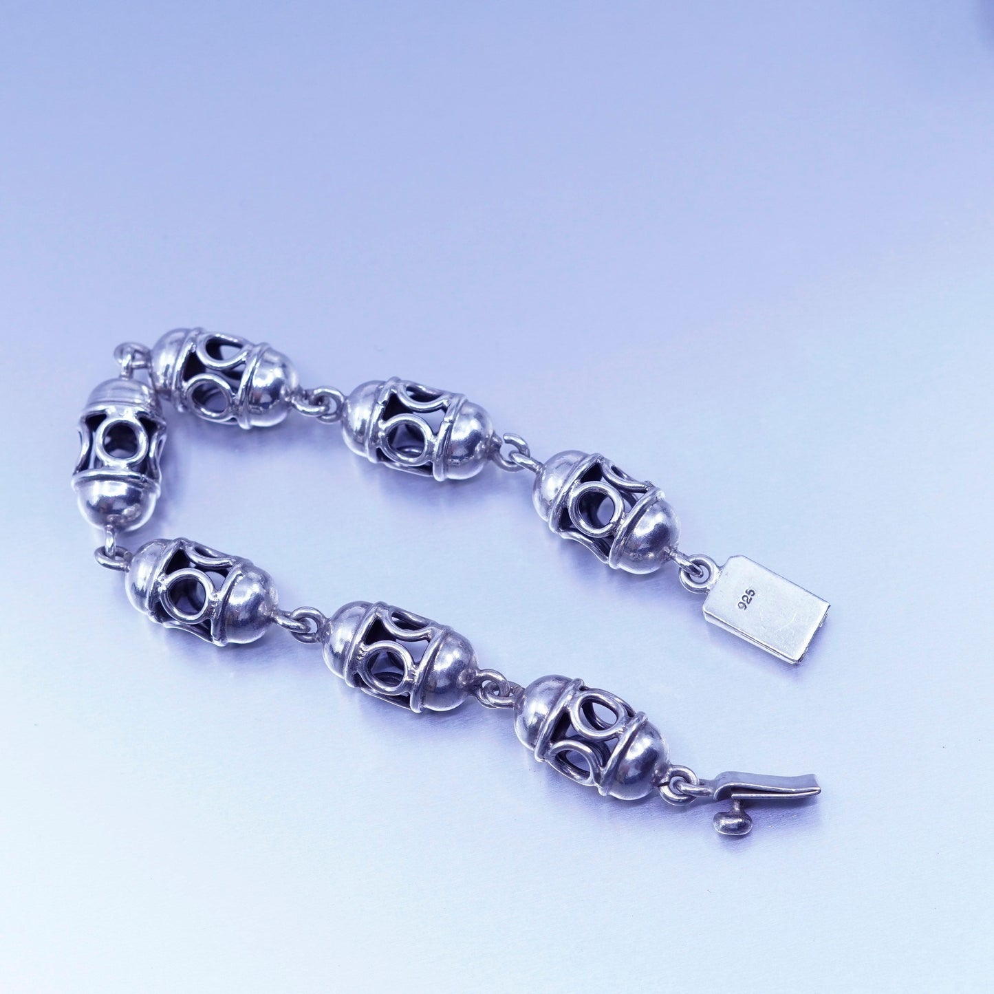 6.75”, vtg Mexico Sterling 925 silver handmade bracelet, filigree beads chain