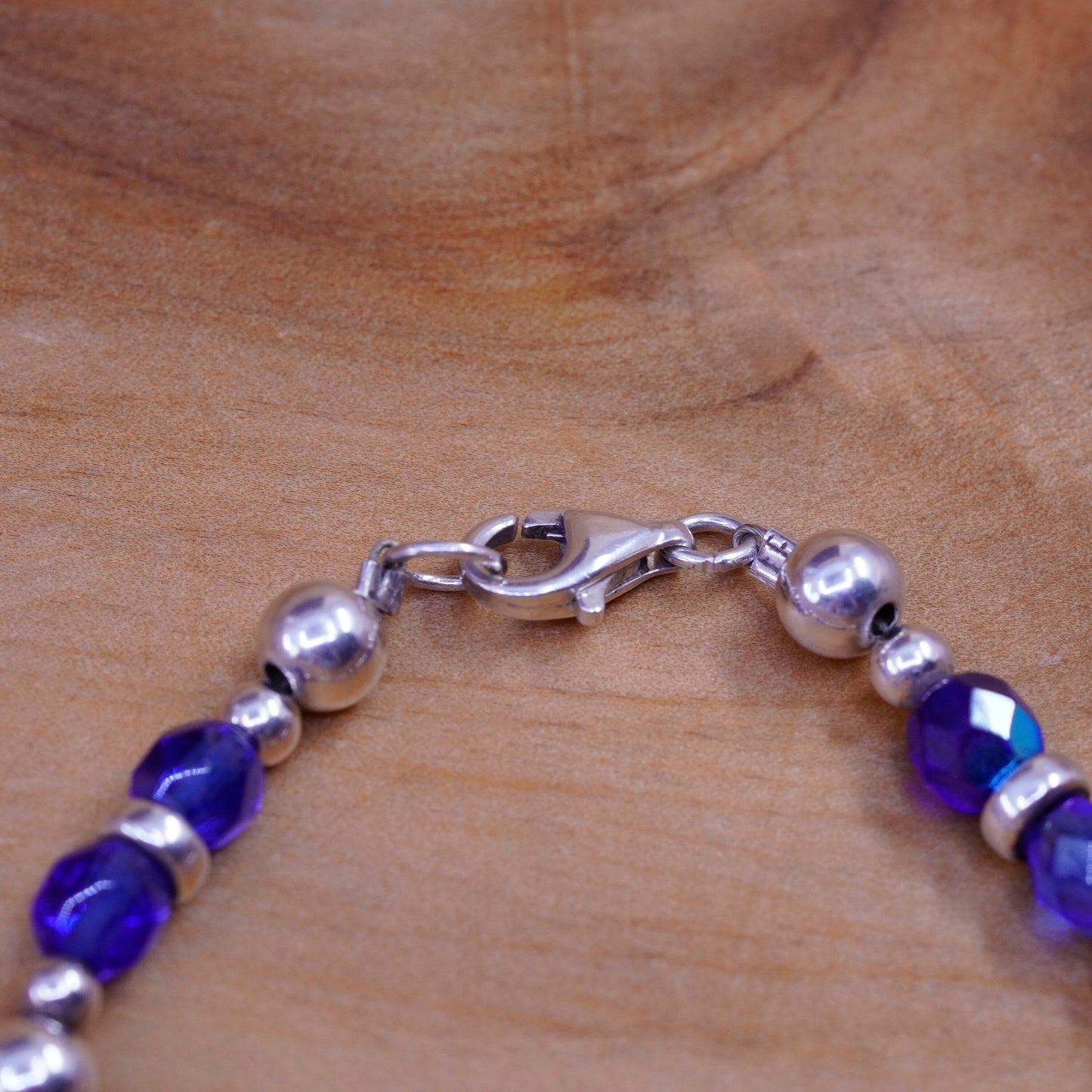 7.25”, vintage Sterling 925 silver beads bracelet with blue crystal