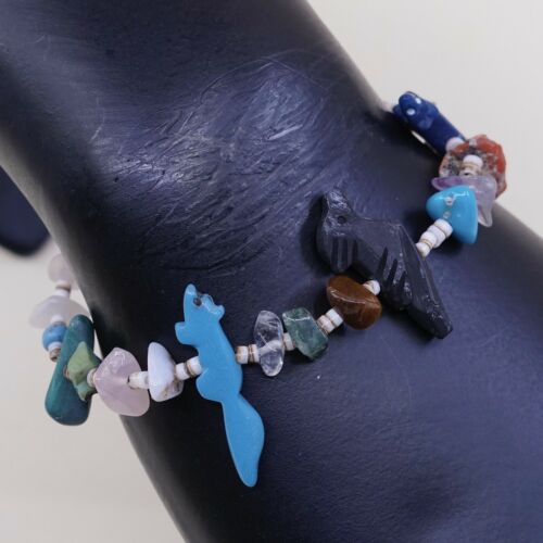 6.25”, Vtg Handmade Southwestern Bracelet, Bead Chain W/ Turquoise Bird