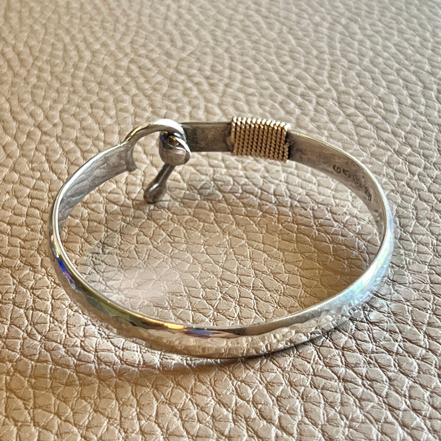6”, 14K gold wired Sterling 925 silver bracelet, two tone horseshoe bangle