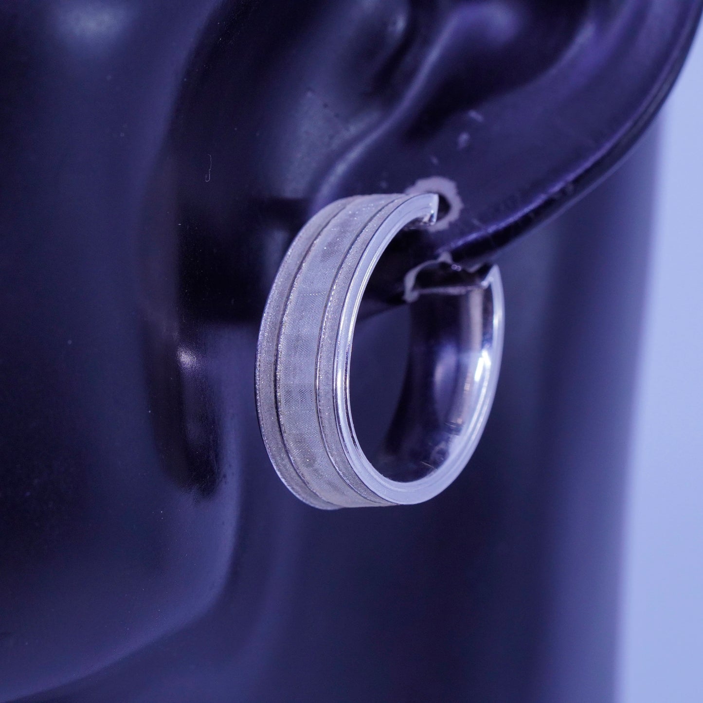 1.25”, vtg Sterling silver handmade earrings, oval 925 matte glittering hoops