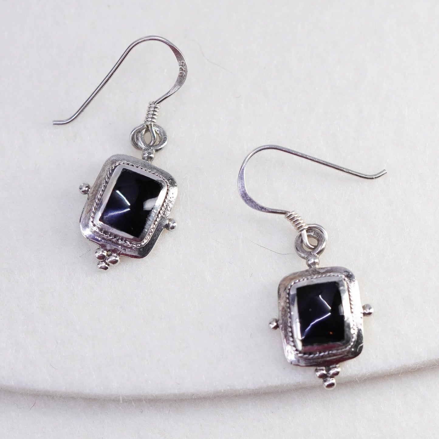 Vintage Sterling 925 silver handmade rectangular earrings with obsidian