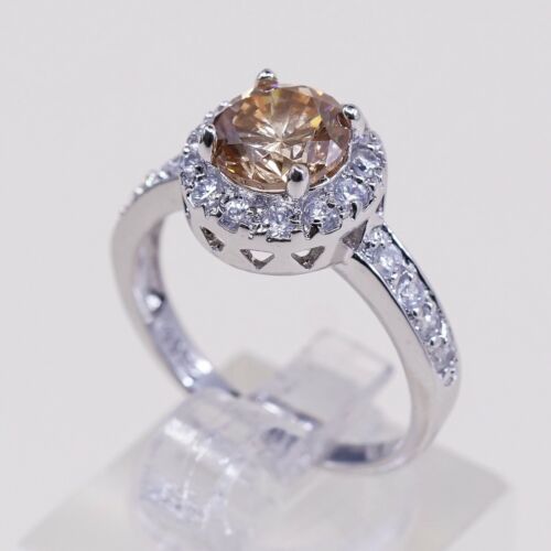 Sz 7.25, Vtg Sterling Silver Ring, 925 Silver Engagement Ring W/ Orange Crystal
