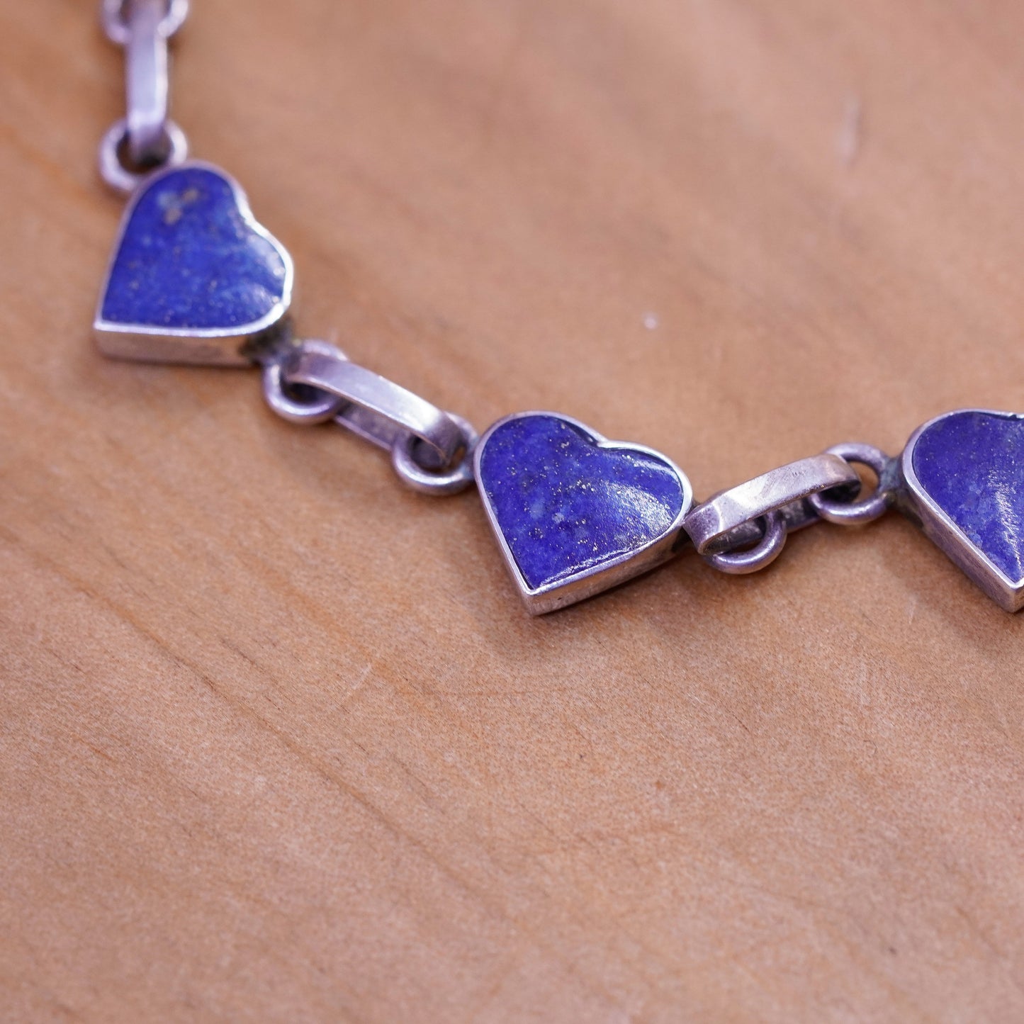 7.25”, vintage Sterling silver handmade bracelet, 970 chain lapis lazuli heart