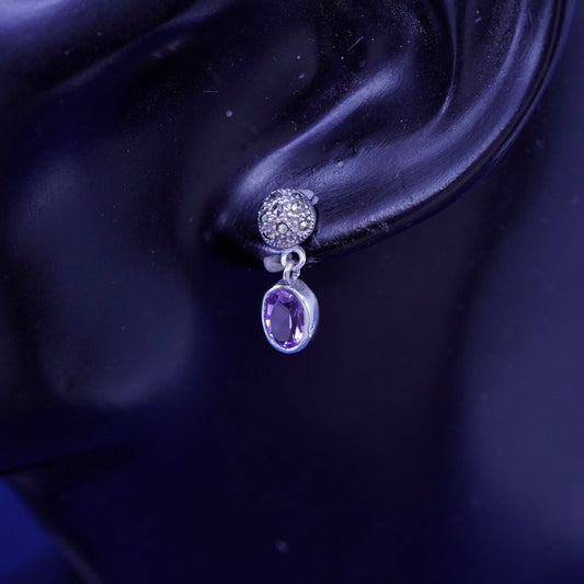 Vintage sterling 925 silver handmade earrings with oval amethyst and marcasite