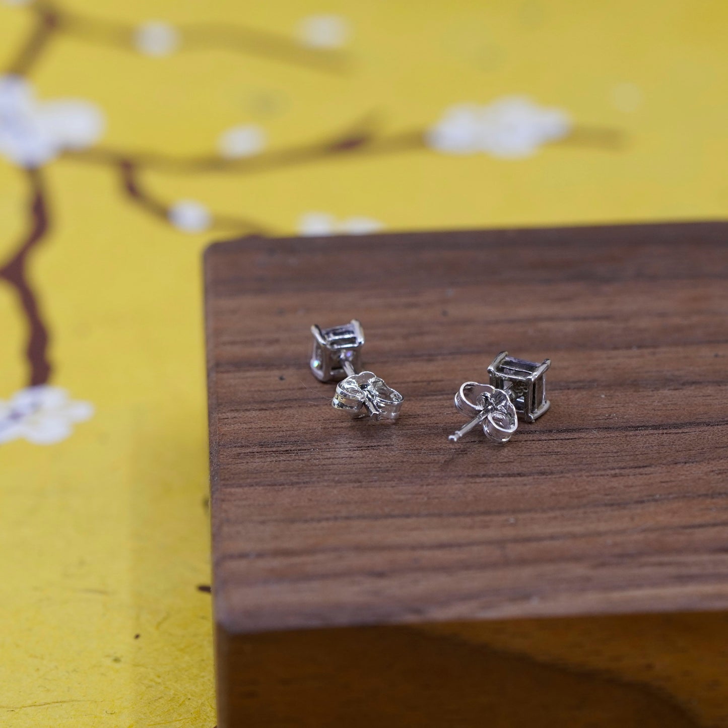 4mm, Vintage Sterling 925 silver clear cz studs, square earrings