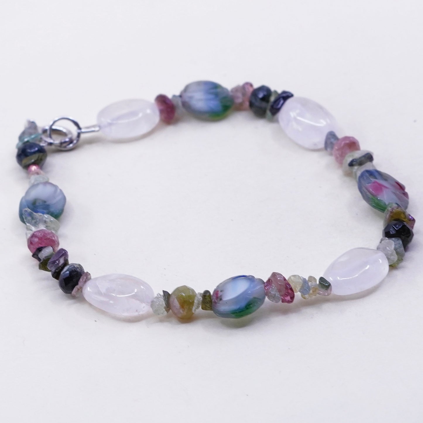 7.5”, vintage Sterling 925 silver handmade bracelet with pink quartz beads