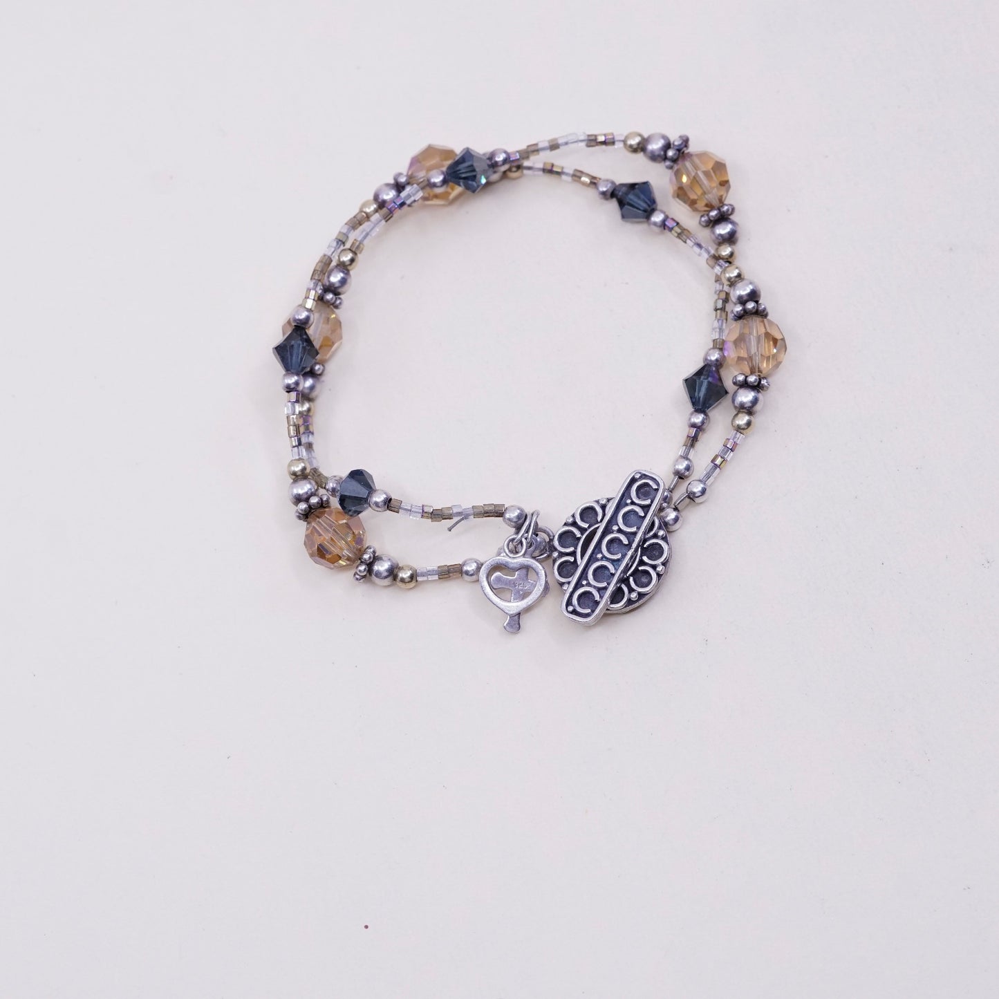 6.75”, sterling 925 silver bracelet w/ topaz crystal beads N cross heart charms