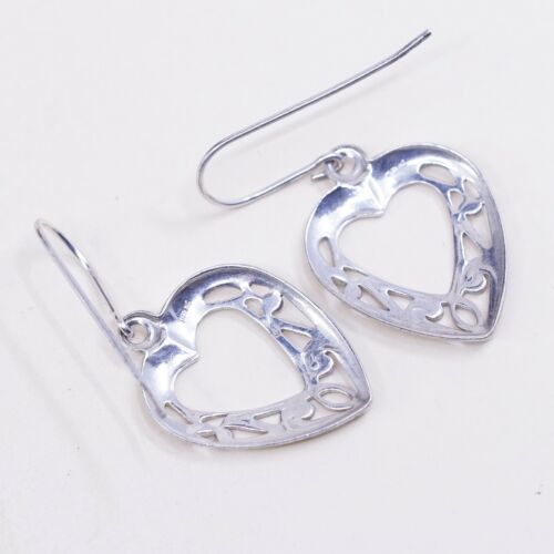 Vintage sterling silver handmade earrings 925 filigree heart, Stamped Sterling