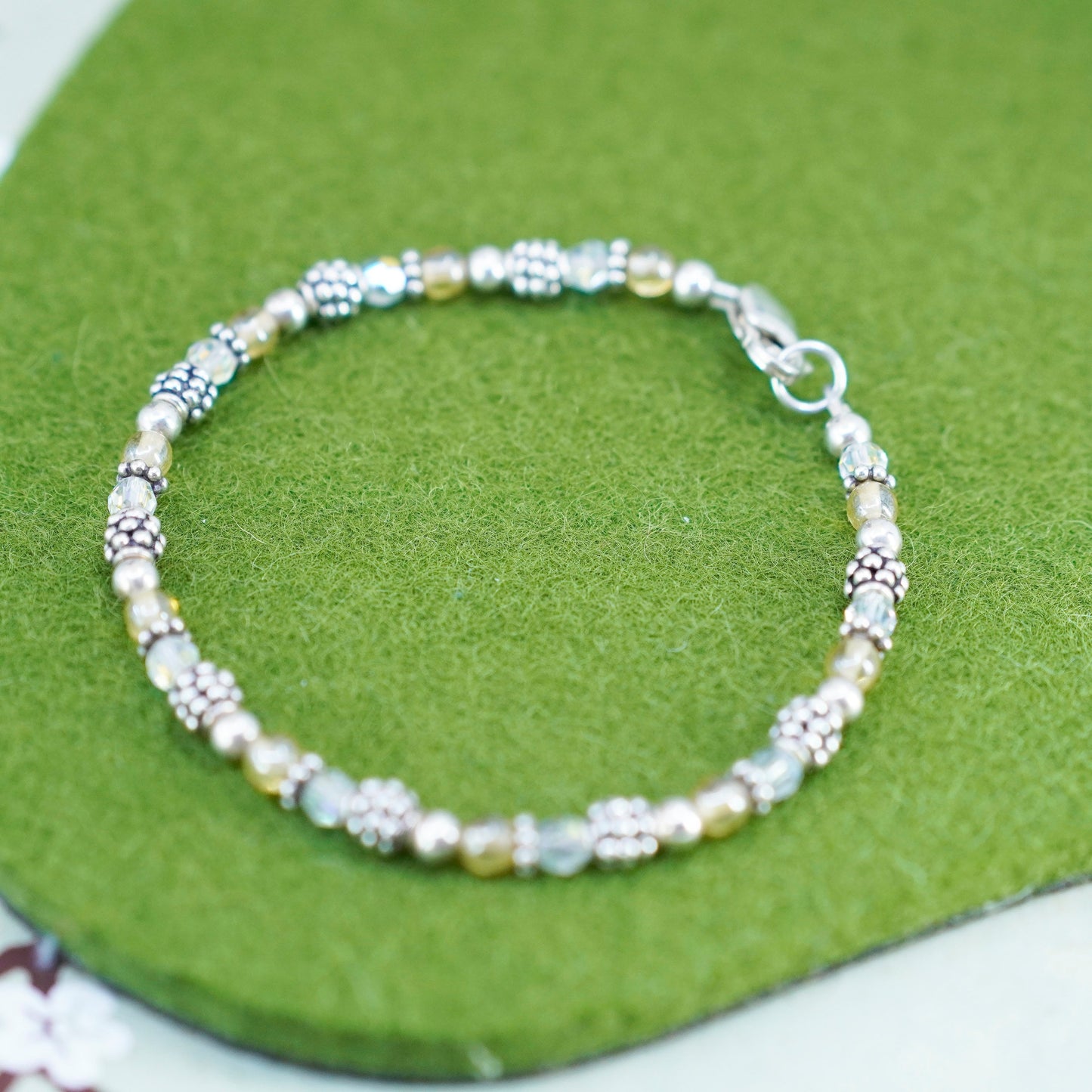 7.5” Vintage 925 Sterling silver handmade bracelet, crystal beads