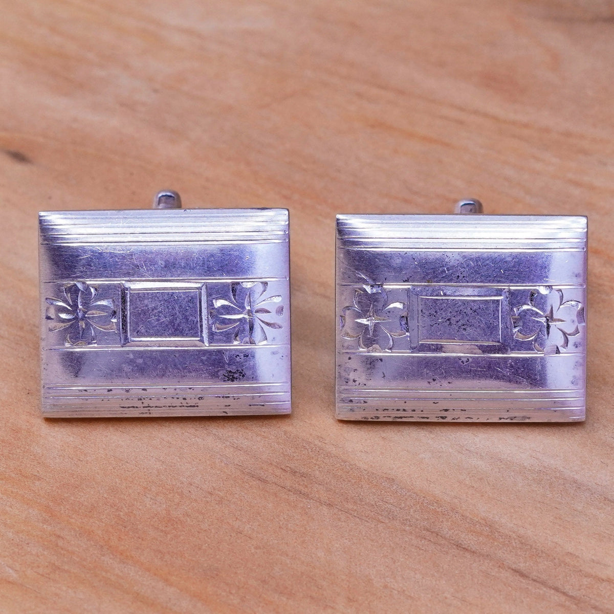 Vintage handmade sterling silver cufflink, 925 cuff links with flower engraved