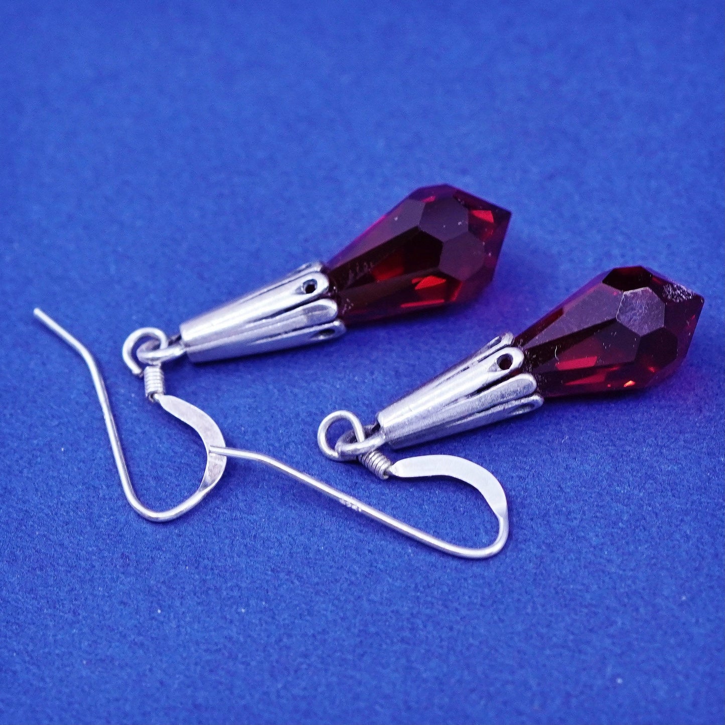 Vintage Sterling 925 silver handmade earrings with teardrop ruby