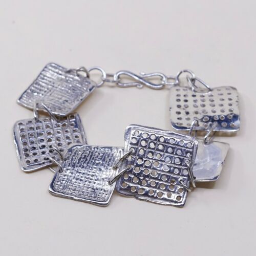7”, Vintage Sterling Silver Handmade Bracelet, 925 Hammered Square Cookie Link