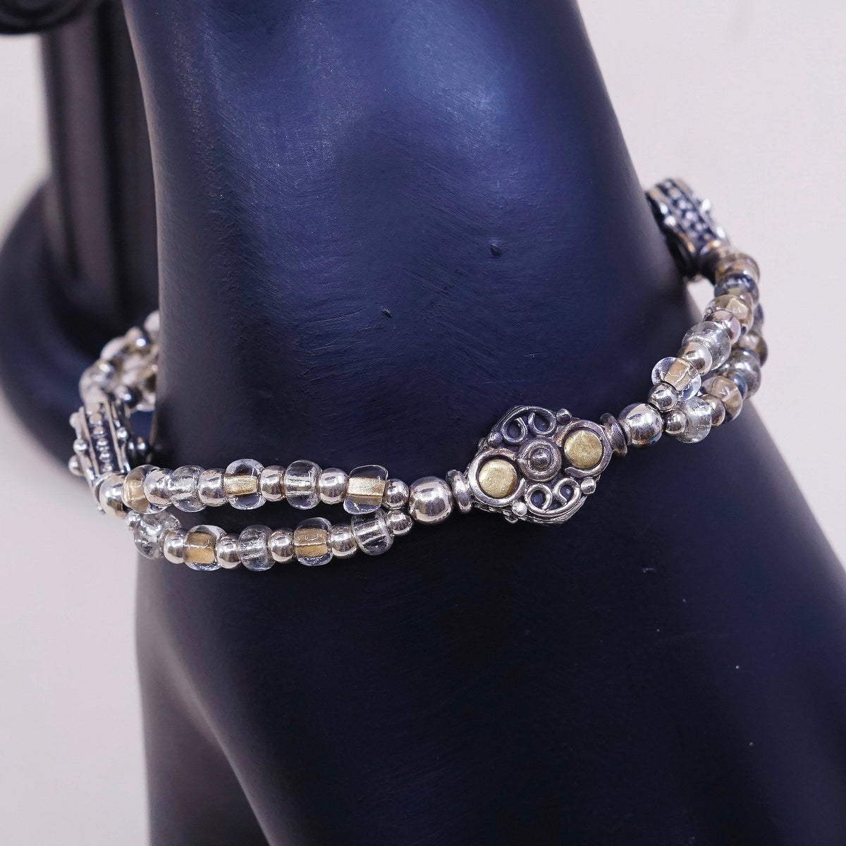 5.75”, VTG sterling silver handmade bracelet, 925 beads N toggle