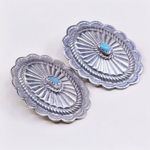 Vintage Sterling Silver Handmade Earrings, Navajo 925 Ribbed Studs W/ Turquoise