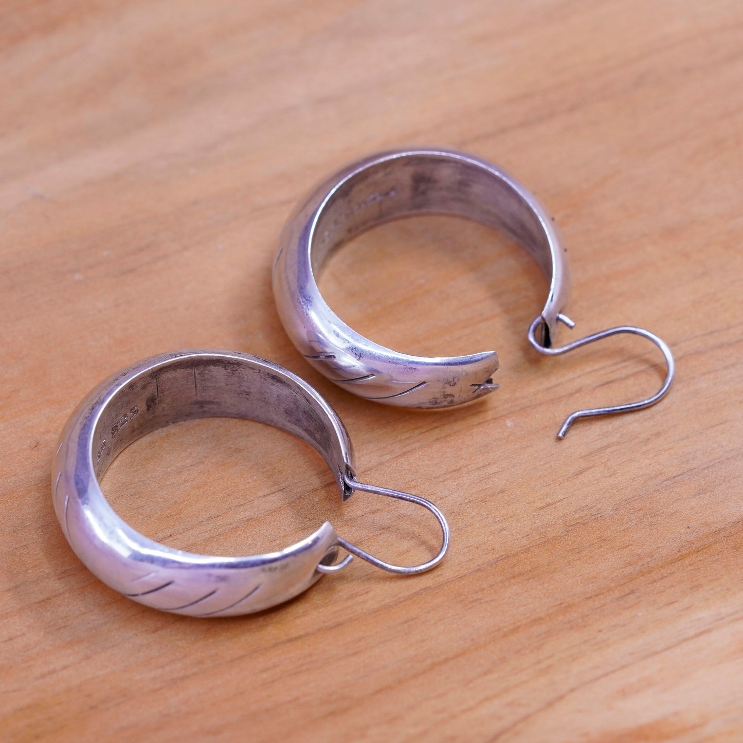1.5”, Vintage Sterling silver handmade earrings, 925 textured hoops