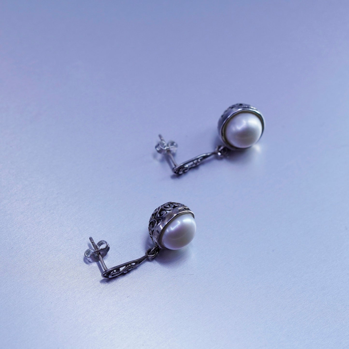 Vintage Sterling 925 silver handmade filigree earrings with pearl