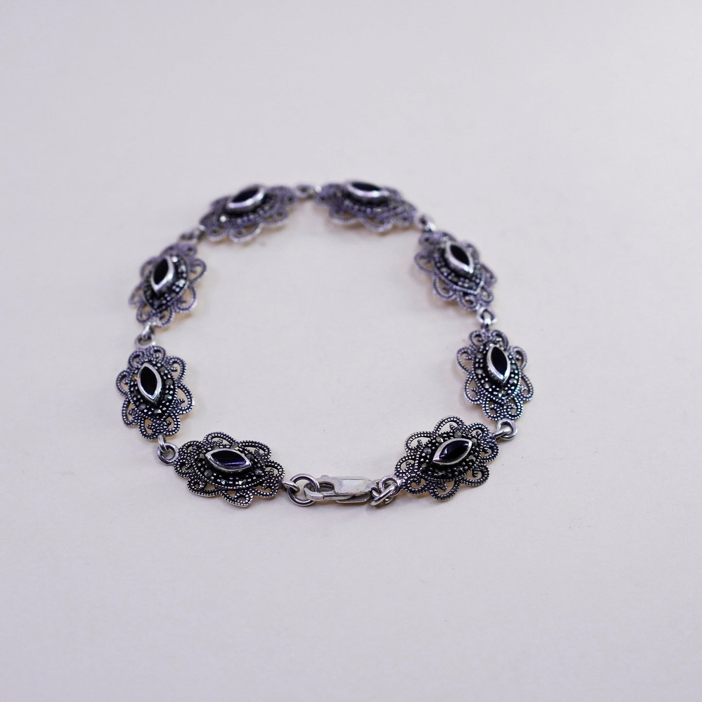 7.5”, sterling 925 silver handmade tennis bracelet w/ obsidian and marcasite