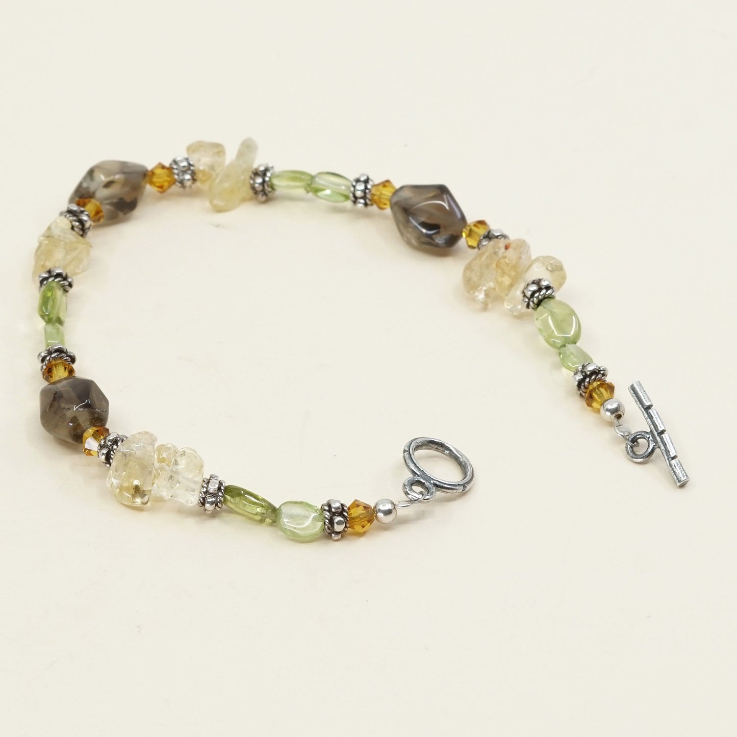 7.25" vtg sterling silver handmade bracelet amethyst, Citrine N peridot beads