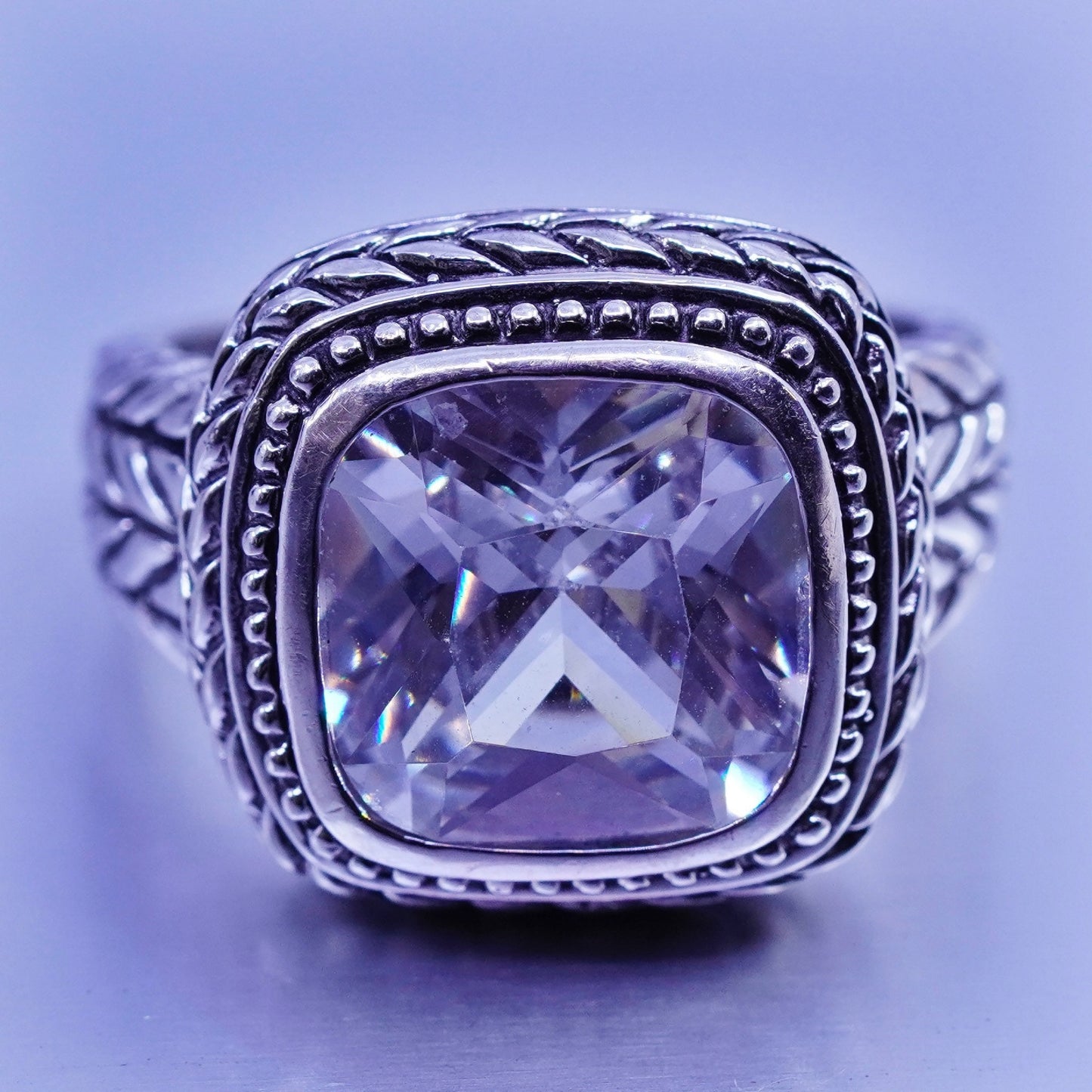 Size 9, vintage Sterling 925 silver handmade statement ring with crystal cable