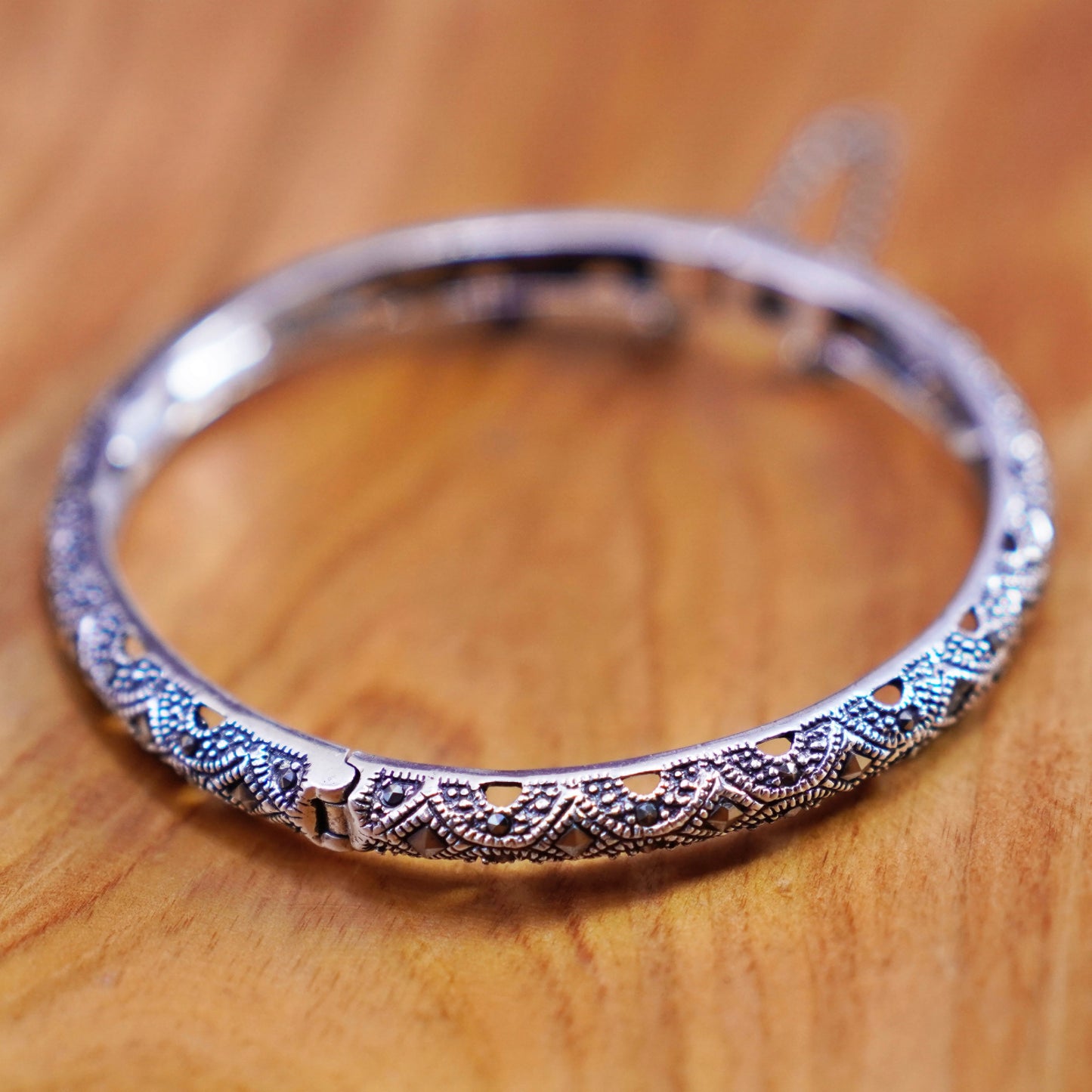 7”, antique sterling silver handmade bracelet, 925 hinged bangle with Marcasite
