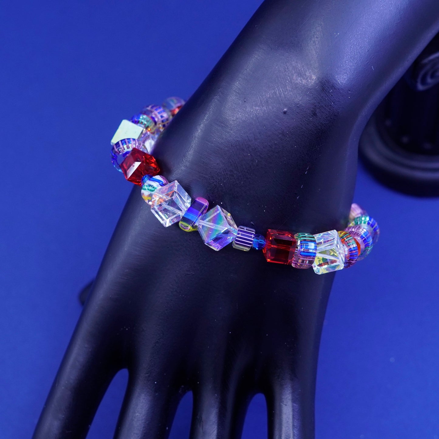 5.75+1”, Vintage handmade sterling silver bracelet with crystal and glass beads