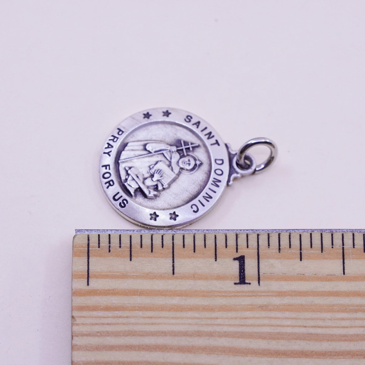 Vintage sterling 925 silver tag charm pendant with “Saint Dominic pray us”