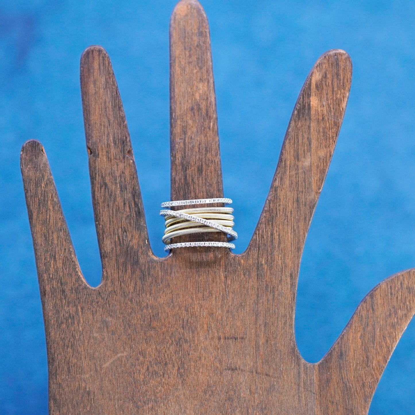 Size 7, vintage two tone Sterling 925 silver entwined wide band ring with cz
