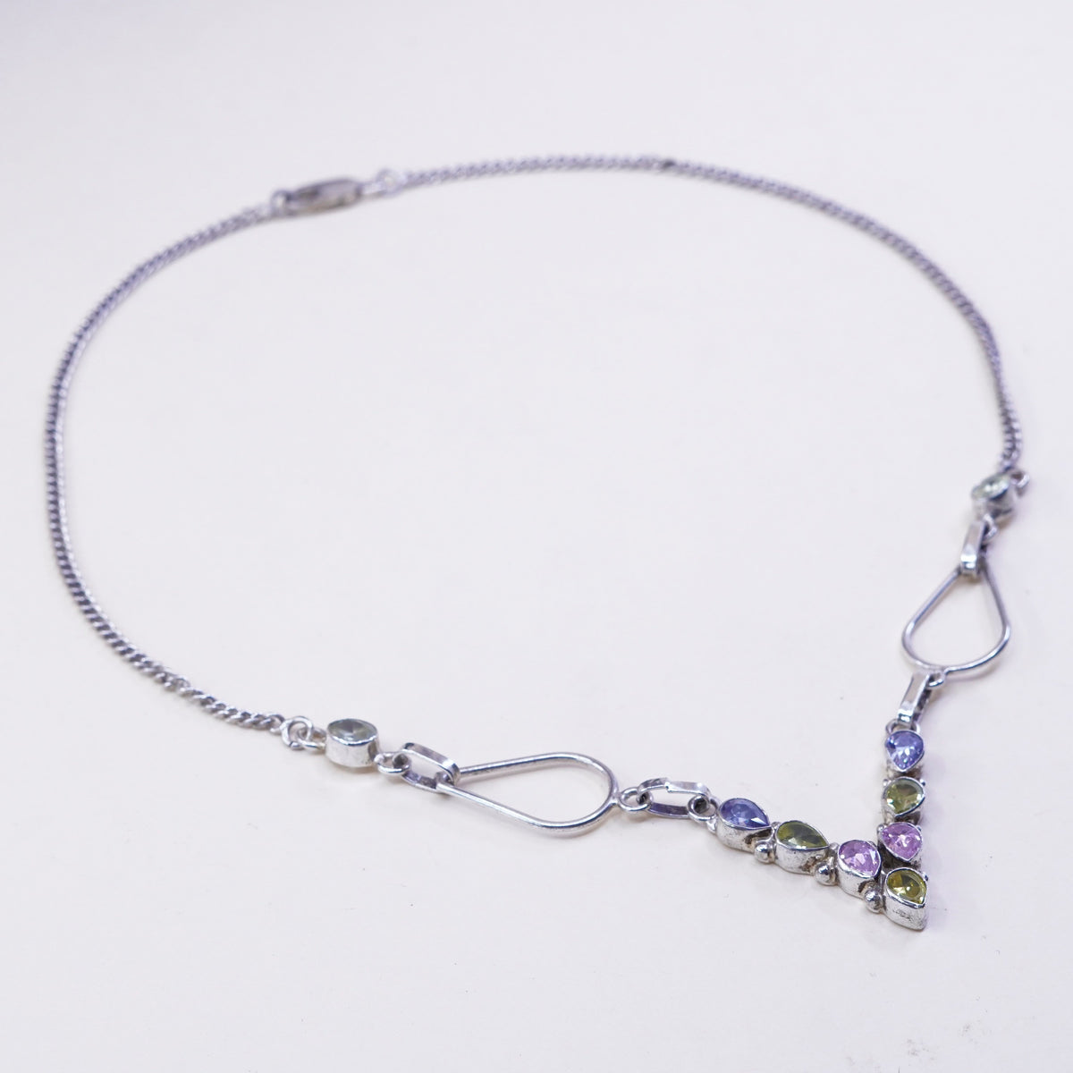 18” handmade V necklace, sterling silver 925 curb chain topaz crystal citrine