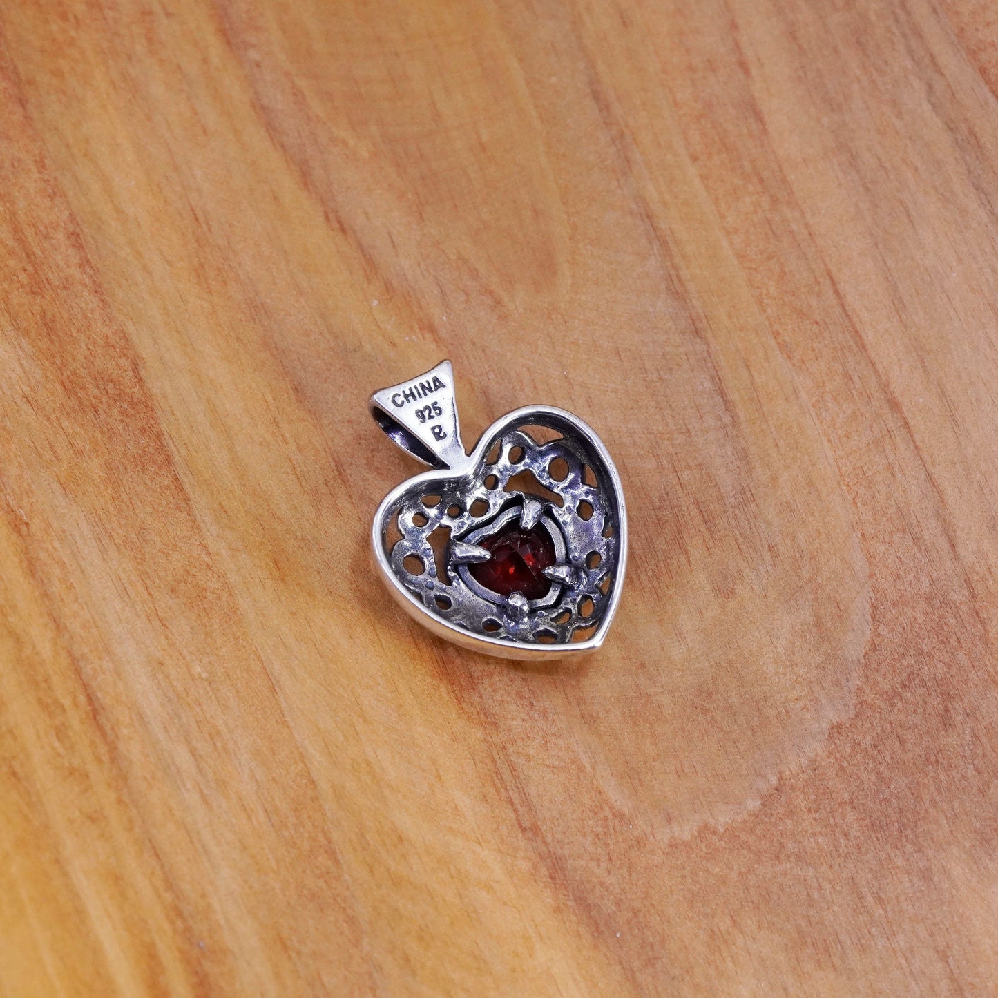 Vintage Sterling silver handmade pendant, 925 filigree heart with ruby