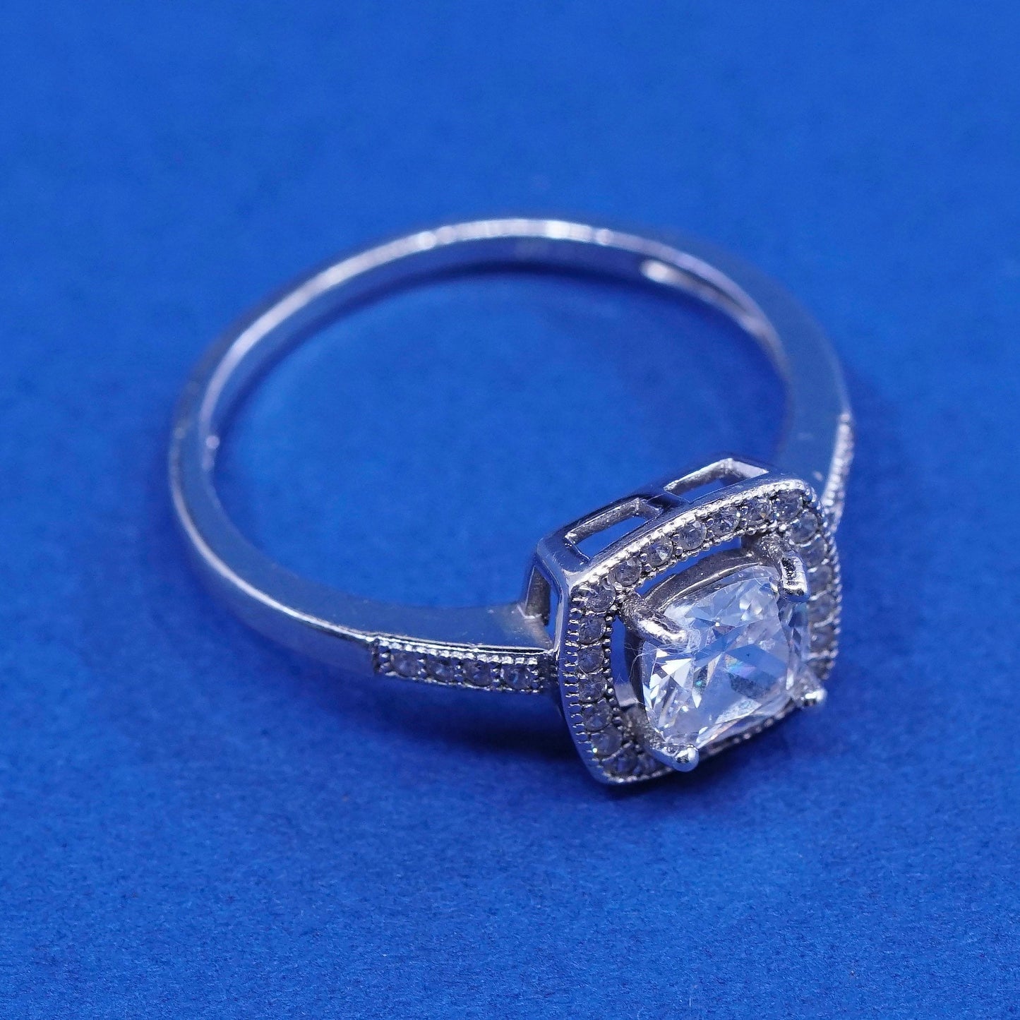 sz 9.25, vtg Sterling 925 silver engagement ring, w/ clear cz around