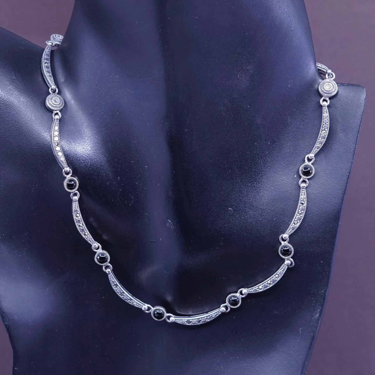 16”, vtg sterling silver necklace, 925 DNA chain w/ marcasite N obsidian