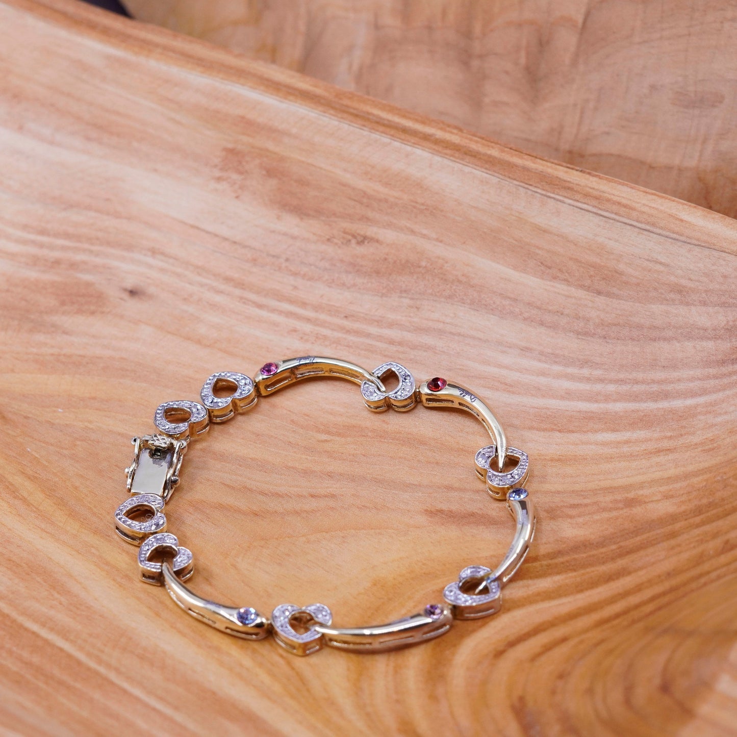 7.25”, vtg vermeil gold over Sterling silver tennis bracelet, 925 heart crystal