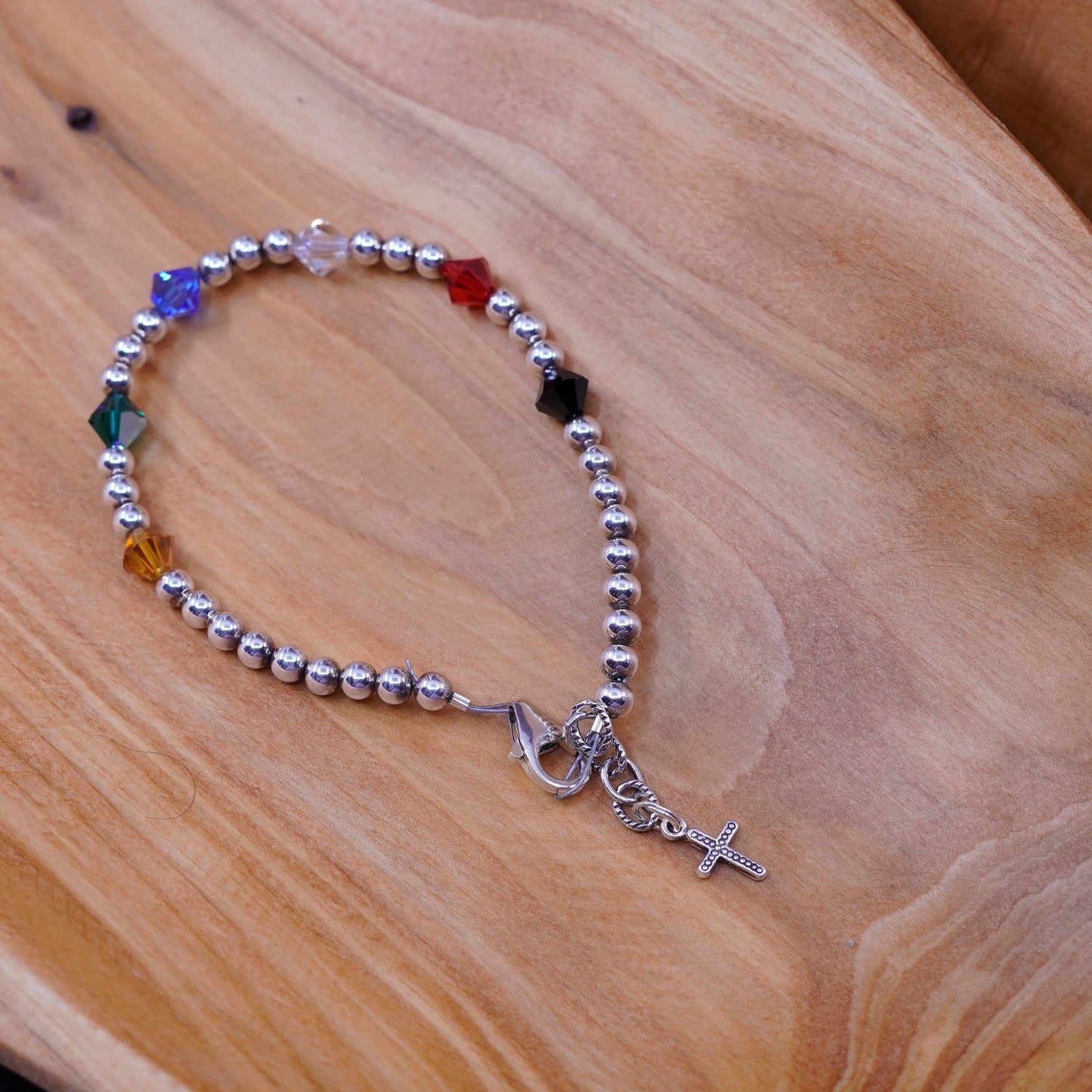 7”, Vintage Sterling silver handmade bracelet, 925 beads with cz cross charm