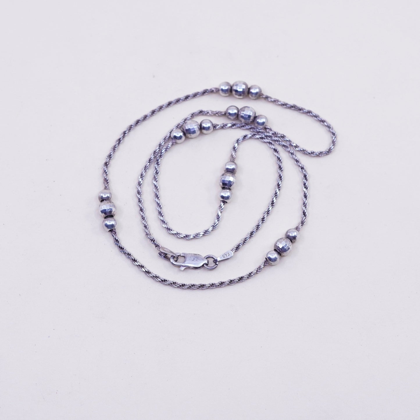 18” 1.6mm, vintage sterling silver necklace, 925 rope chain with beads