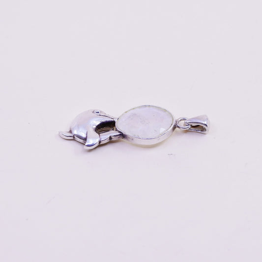 Vintage Sterling 925 silver handmade dolphin pendant with moonstone