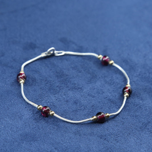 6.5", Sterling silver handmade bracelet, 925 snake chain w/ jasper beads