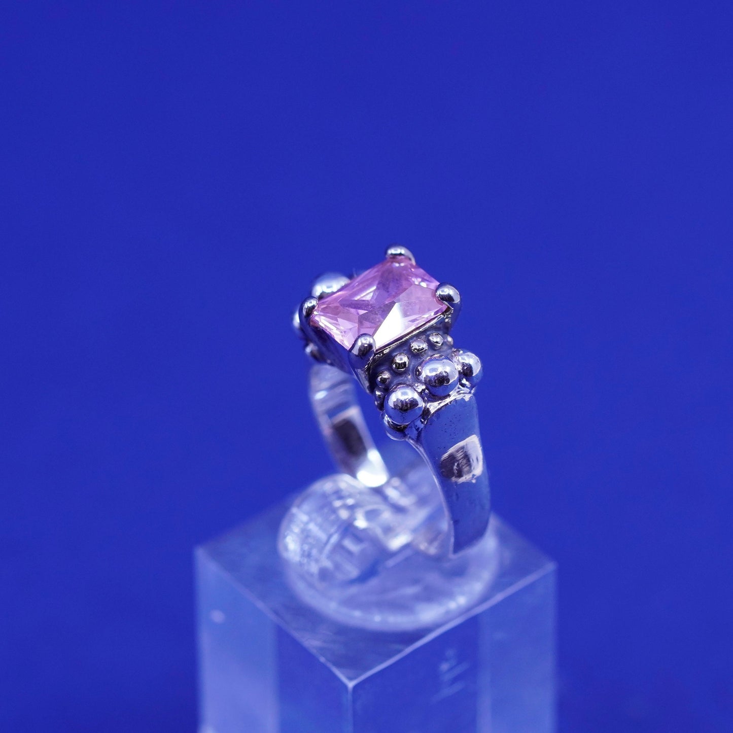 Size 6, vintage Sterling 925 silver handmade statement ring with pink crystal