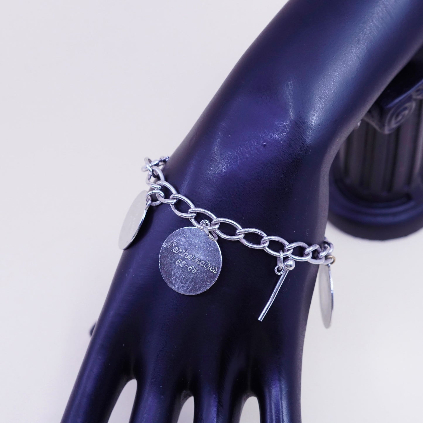 6.75”, sterling silver bracelet, 925 circle chain tag piano music charms