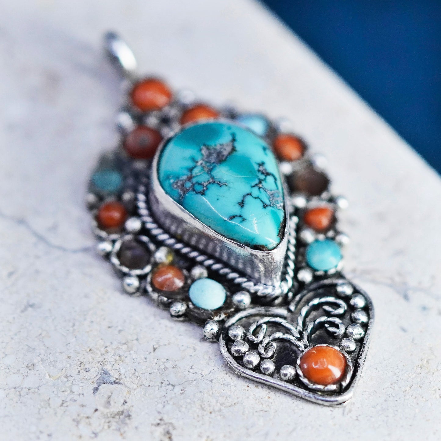 Native American sterling silver 925 handmade pendant with turquoise coral beads