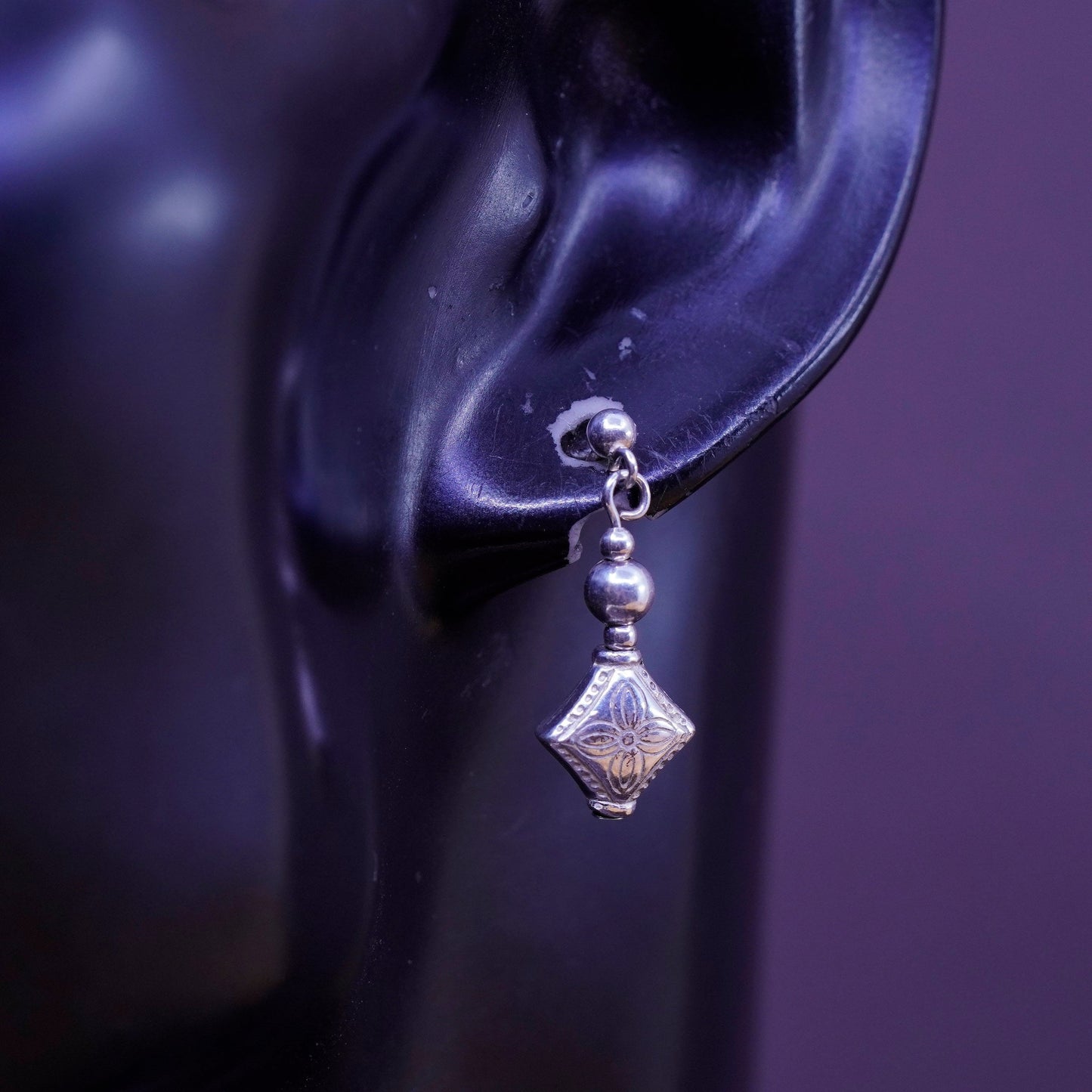 Vintage Sterling silver handmade earrings, textured 925 diamond dangled