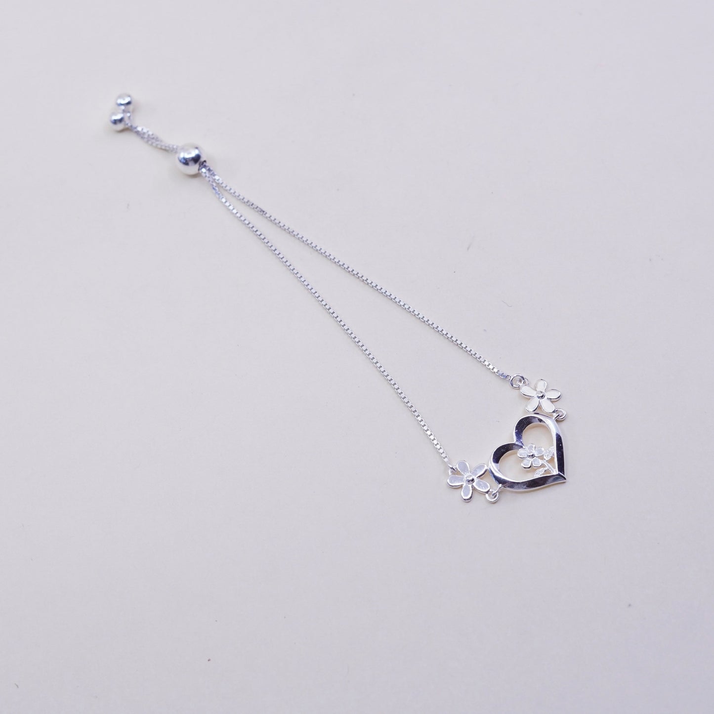 Size adjustable, sterling silver bracelet, fine 925 box chain w/ heart N flower